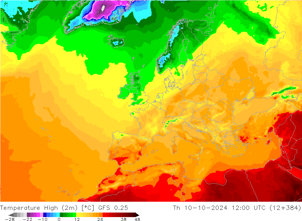 Temperature High (2m) GFS 0.25 Th 10.10.2024 12 UTC