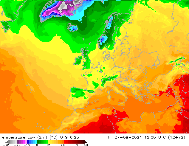 Minumum Değer (2m) GFS 0.25 Cu 27.09.2024 12 UTC