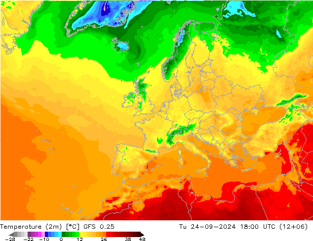 温度图 GFS 0.25 星期二 24.09.2024 18 UTC