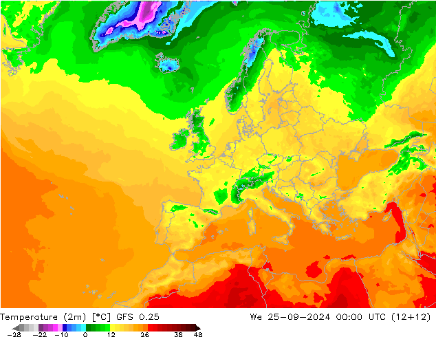 Temperature (2m) GFS 0.25 St 25.09.2024 00 UTC