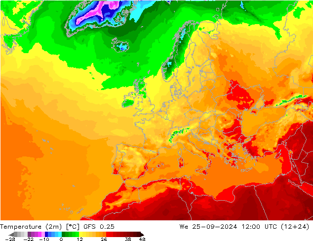 température (2m) GFS 0.25 mer 25.09.2024 12 UTC