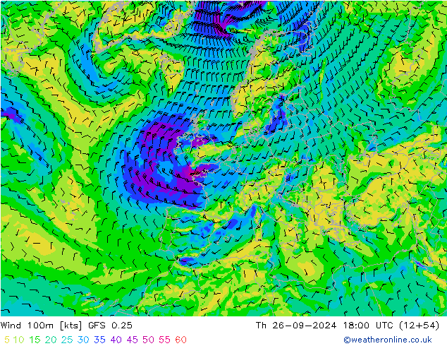 Viento 100m GFS 0.25 jue 26.09.2024 18 UTC