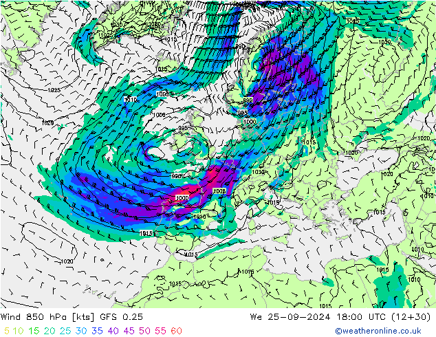 Wind 850 hPa GFS 0.25 We 25.09.2024 18 UTC