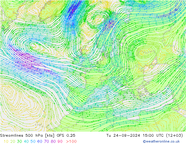 Streamlines 500 hPa GFS 0.25 Tu 24.09.2024 15 UTC