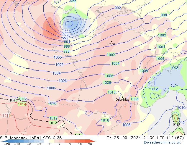 SLP tendency GFS 0.25 Th 26.09.2024 21 UTC