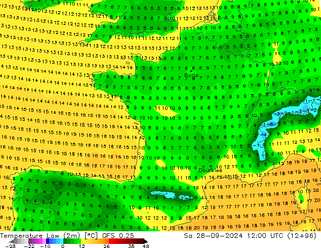 Min.temperatuur (2m) GFS 0.25 za 28.09.2024 12 UTC