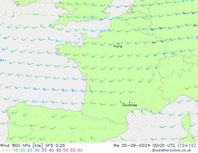 wiatr 850 hPa GFS 0.25 śro. 25.09.2024 00 UTC