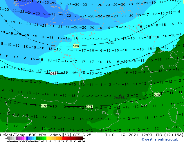 Z500/Rain (+SLP)/Z850 GFS 0.25 Tu 01.10.2024 12 UTC