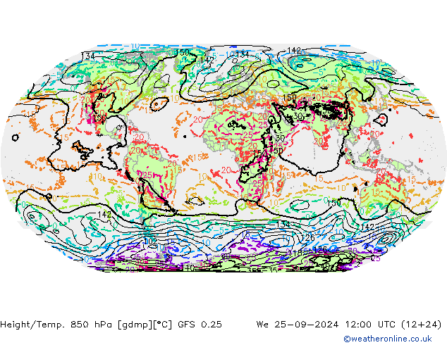 Z500/Rain (+SLP)/Z850 GFS 0.25 Mi 25.09.2024 12 UTC