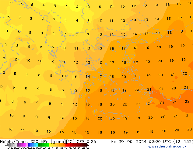 Géop./Temp. 850 hPa GFS 0.25 lun 30.09.2024 00 UTC