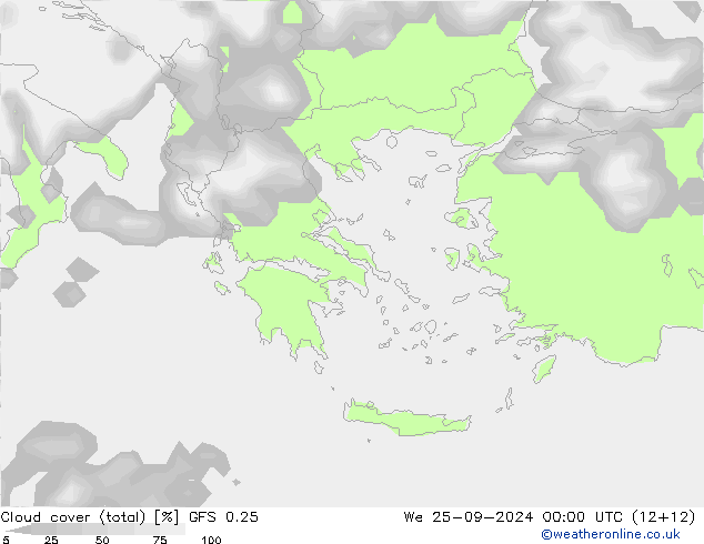 Cloud cover (total) GFS 0.25 St 25.09.2024 00 UTC