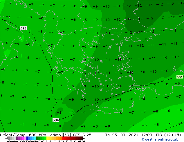 Z500/Rain (+SLP)/Z850 GFS 0.25 jue 26.09.2024 12 UTC