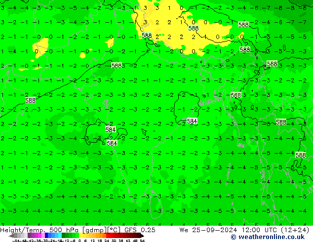 Z500/Yağmur (+YB)/Z850 GFS 0.25 Çar 25.09.2024 12 UTC