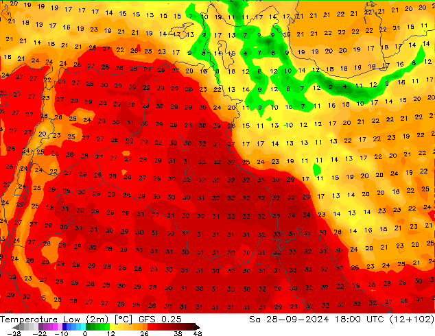 Min.temperatuur (2m) GFS 0.25 za 28.09.2024 18 UTC