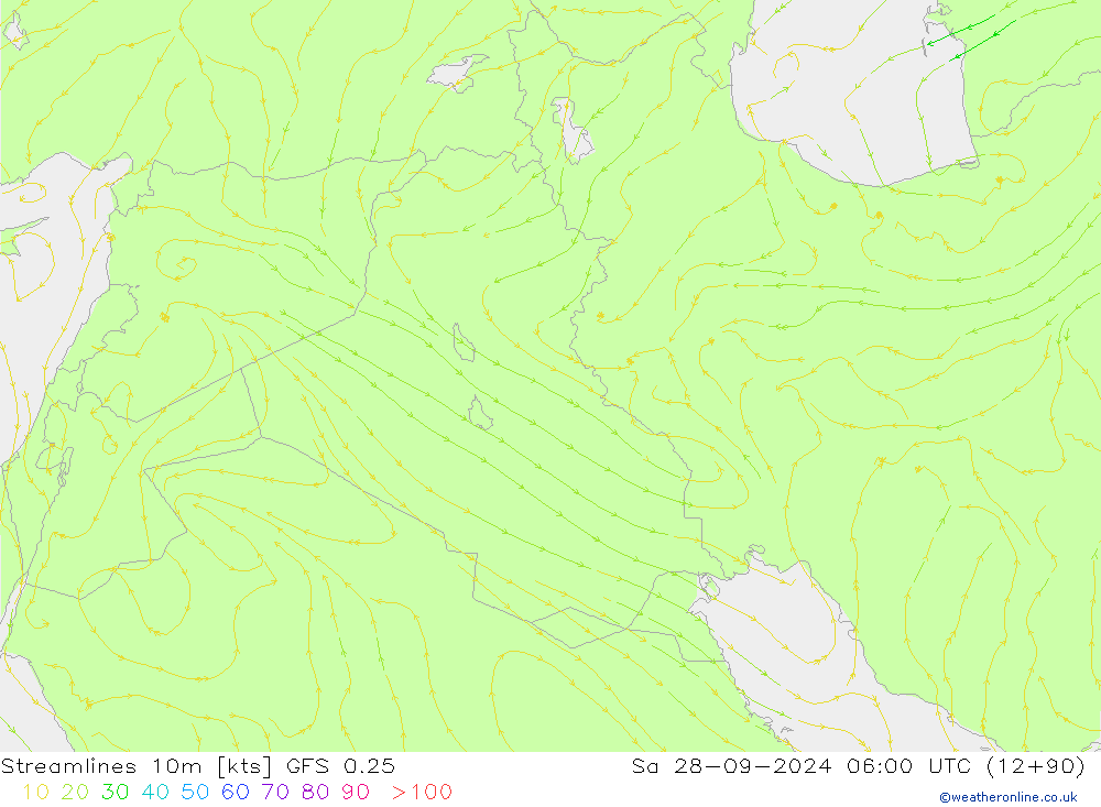 Linha de corrente 10m GFS 0.25 Sáb 28.09.2024 06 UTC