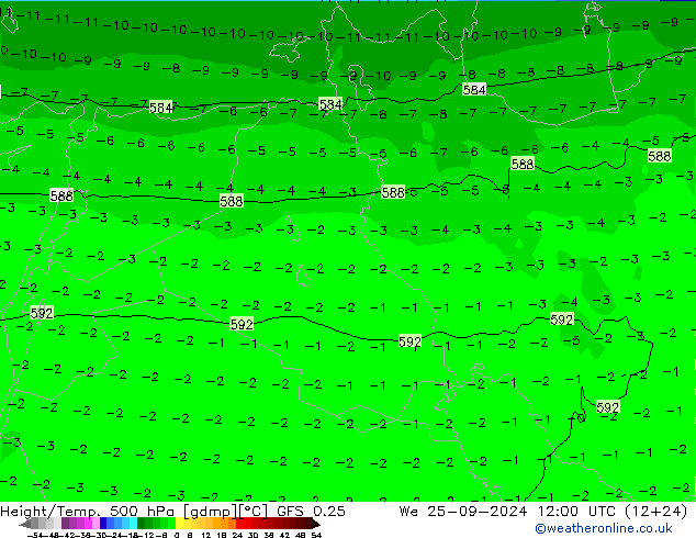 Z500/Rain (+SLP)/Z850 GFS 0.25 Qua 25.09.2024 12 UTC