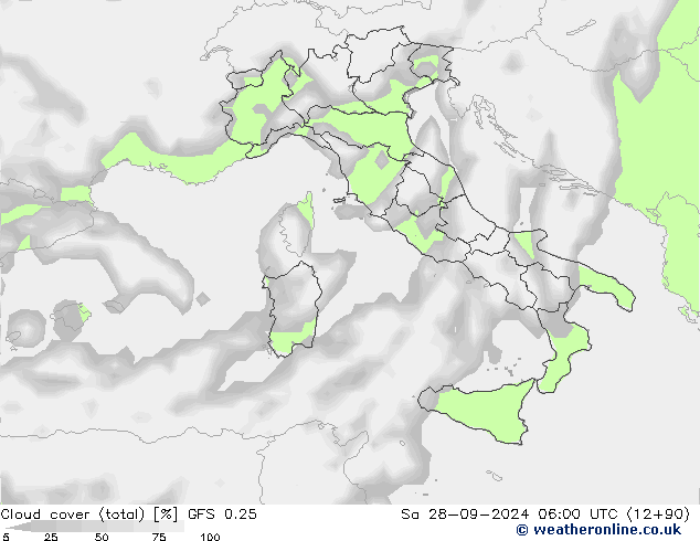 Nuages (total) GFS 0.25 sam 28.09.2024 06 UTC