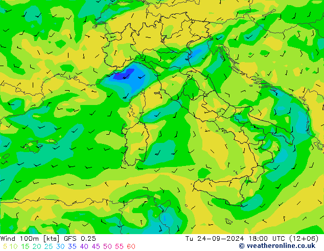 Wind 100m GFS 0.25 Tu 24.09.2024 18 UTC