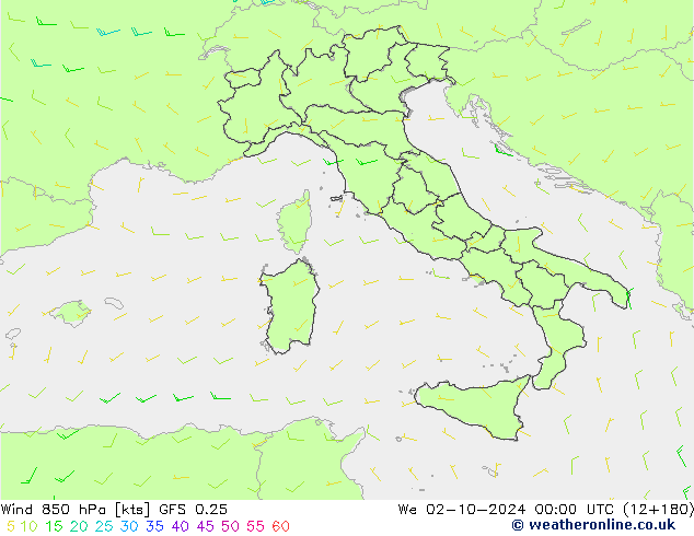 Viento 850 hPa GFS 0.25 mié 02.10.2024 00 UTC