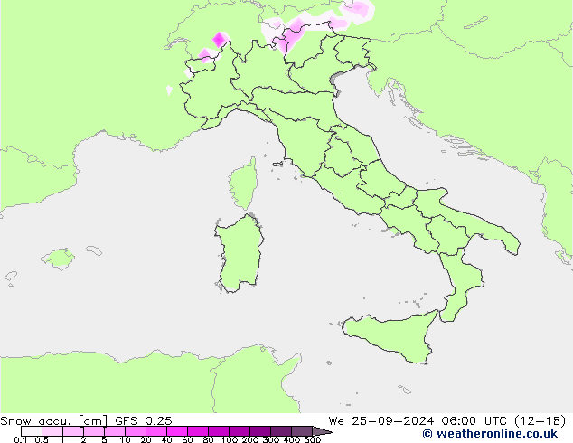 Snow accu. GFS 0.25 We 25.09.2024 06 UTC