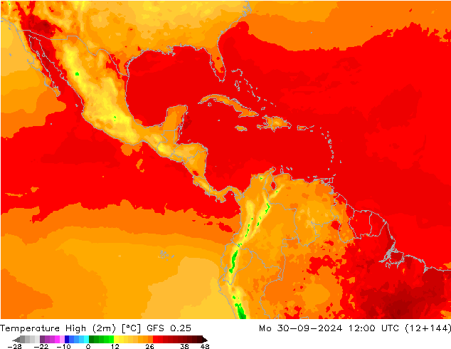 Nejvyšší teplota (2m) GFS 0.25 Po 30.09.2024 12 UTC