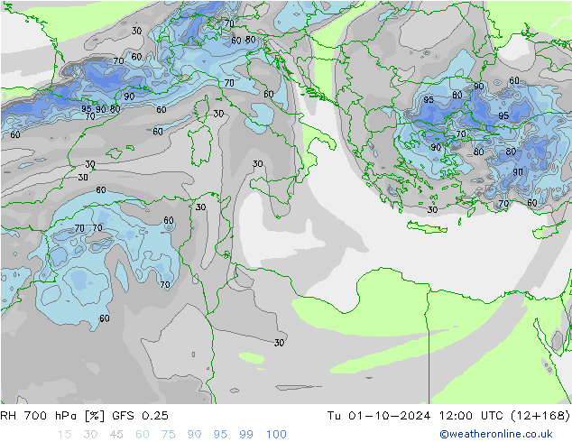 RH 700 гПа GFS 0.25 вт 01.10.2024 12 UTC