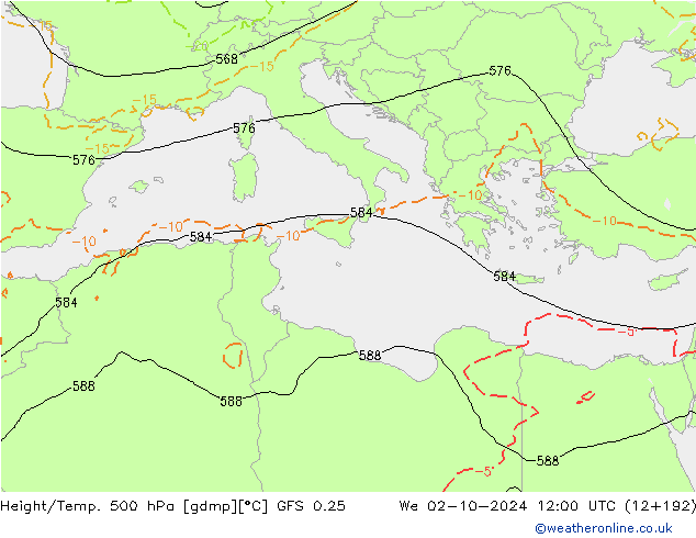 Z500/Yağmur (+YB)/Z850 GFS 0.25 Çar 02.10.2024 12 UTC