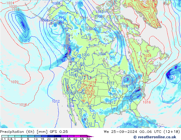 Z500/Rain (+SLP)/Z850 GFS 0.25 St 25.09.2024 06 UTC