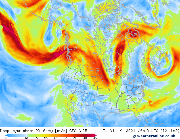 Deep layer shear (0-6km) GFS 0.25 Ter 01.10.2024 06 UTC