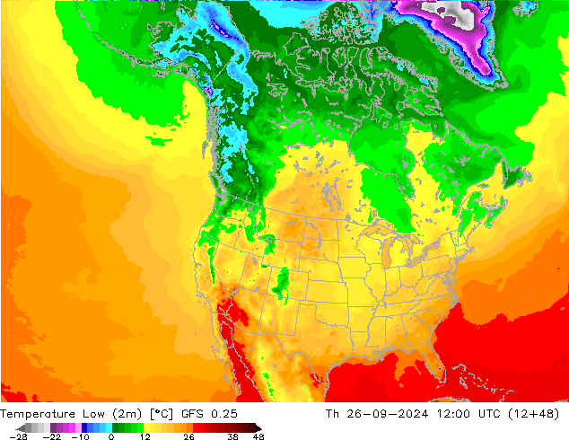 Minumum Değer (2m) GFS 0.25 Per 26.09.2024 12 UTC