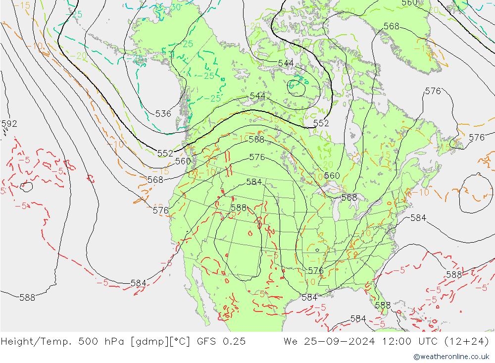 Z500/Rain (+SLP)/Z850 GFS 0.25 We 25.09.2024 12 UTC