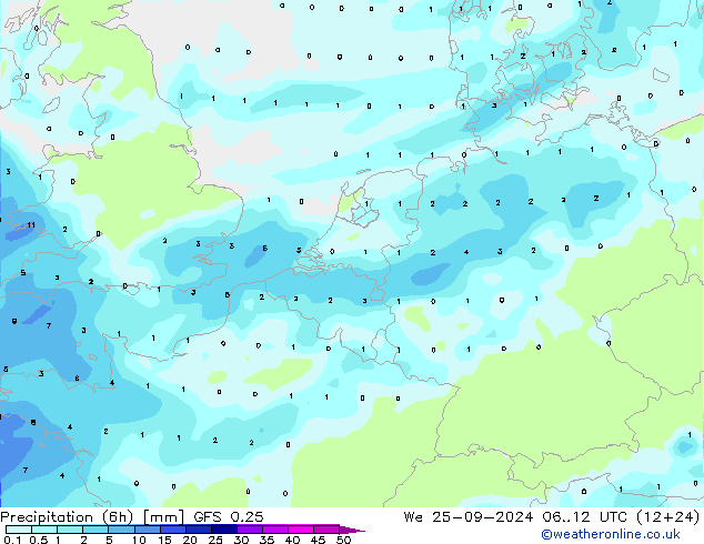 Z500/Rain (+SLP)/Z850 GFS 0.25 St 25.09.2024 12 UTC