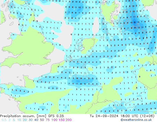 Precipitation accum. GFS 0.25 Út 24.09.2024 18 UTC