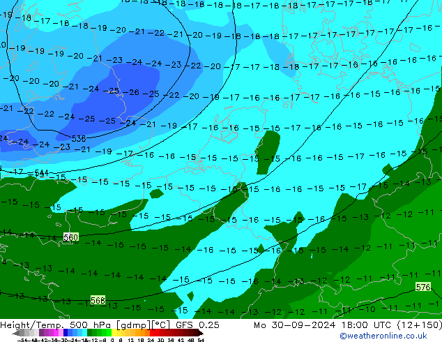 Z500/Rain (+SLP)/Z850 GFS 0.25 Po 30.09.2024 18 UTC