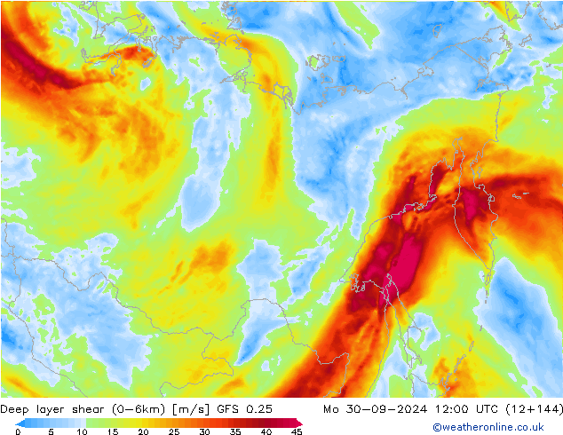 Deep layer shear (0-6km) GFS 0.25 Mo 30.09.2024 12 UTC