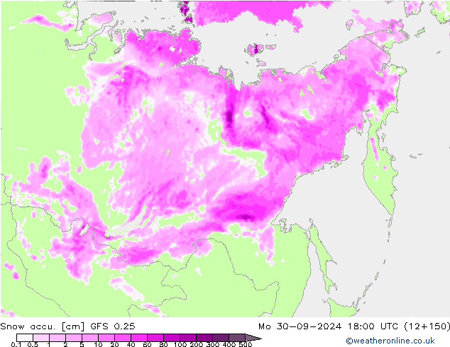 Snow accu. GFS 0.25 Mo 30.09.2024 18 UTC