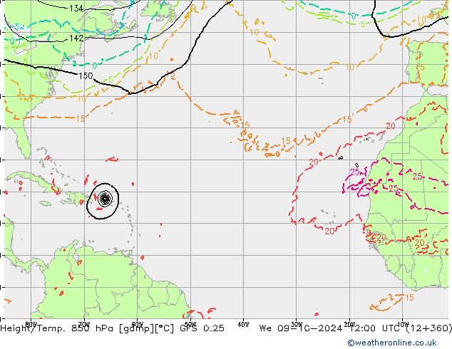 Géop./Temp. 850 hPa GFS 0.25 mer 09.10.2024 12 UTC