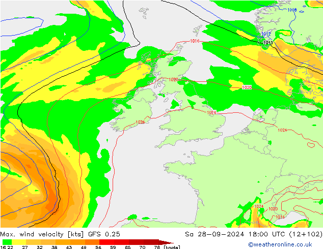 Max. wind velocity GFS 0.25 so. 28.09.2024 18 UTC