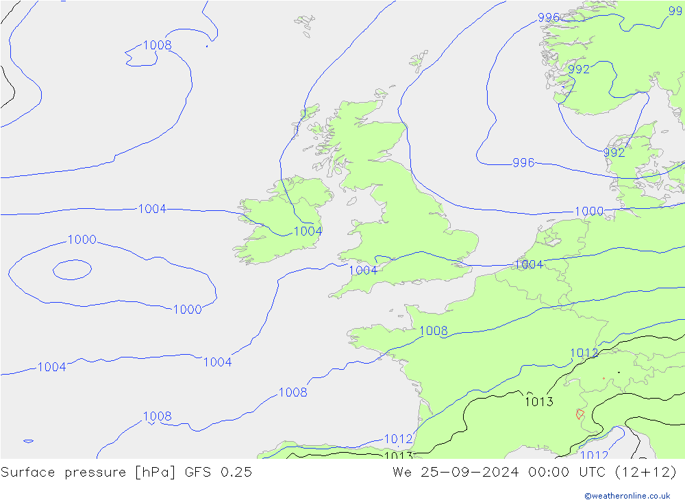 Atmosférický tlak GFS 0.25 St 25.09.2024 00 UTC