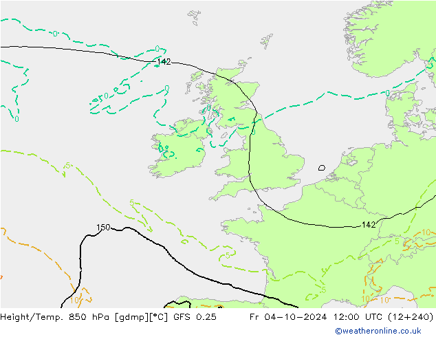 Z500/Rain (+SLP)/Z850 GFS 0.25 vie 04.10.2024 12 UTC