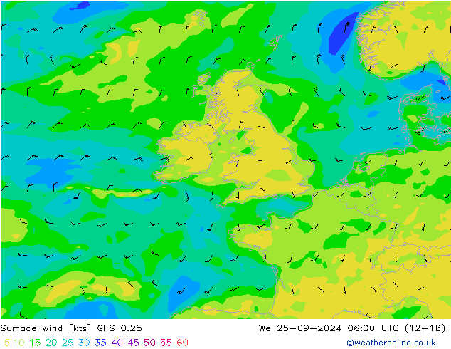 Surface wind GFS 0.25 We 25.09.2024 06 UTC