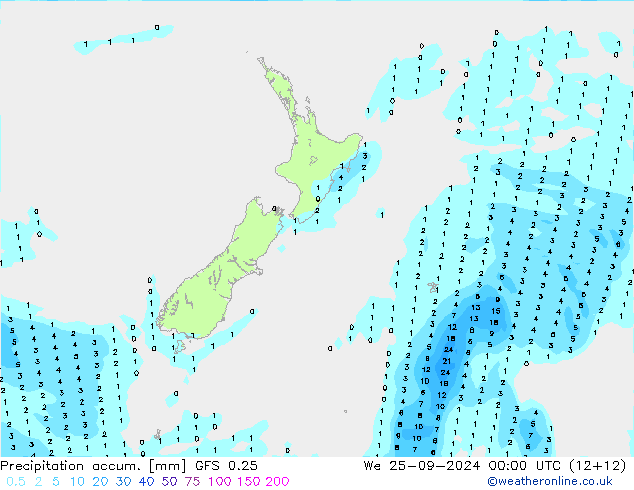 Précipitation accum. GFS 0.25 mer 25.09.2024 00 UTC