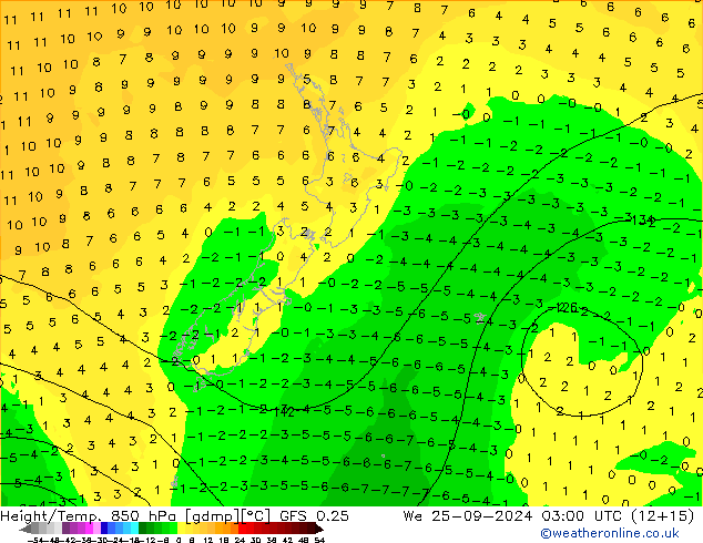 Z500/Rain (+SLP)/Z850 GFS 0.25 St 25.09.2024 03 UTC