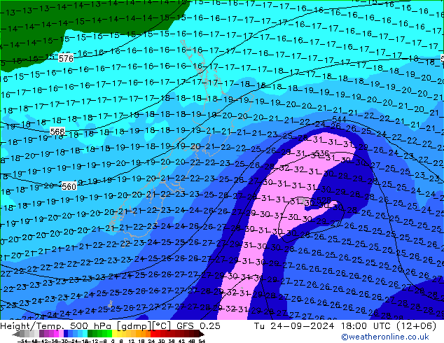 Z500/Rain (+SLP)/Z850 GFS 0.25 Út 24.09.2024 18 UTC