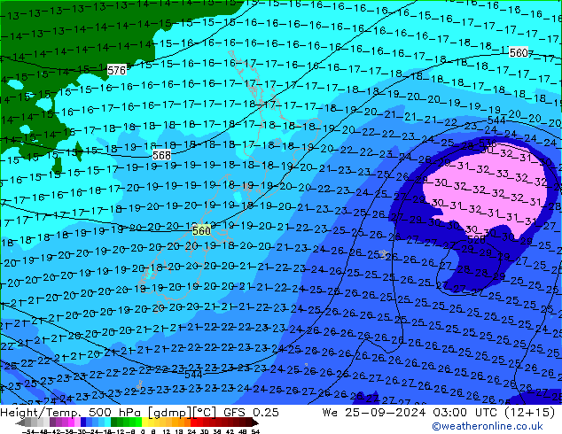 Z500/Rain (+SLP)/Z850 GFS 0.25 St 25.09.2024 03 UTC