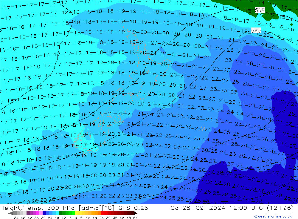 Géop./Temp. 500 hPa GFS 0.25 sam 28.09.2024 12 UTC