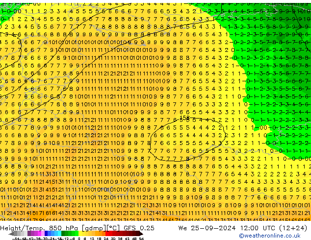 Geop./Temp. 850 hPa GFS 0.25 mié 25.09.2024 12 UTC