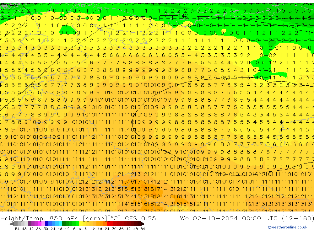 Geop./Temp. 850 hPa GFS 0.25 mié 02.10.2024 00 UTC