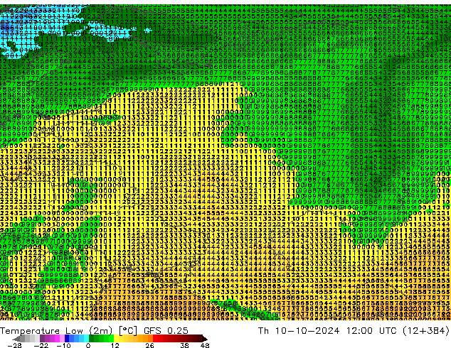 Min.temperatuur (2m) GFS 0.25 do 10.10.2024 12 UTC