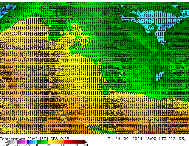 Temperatuurkaart (2m) GFS 0.25 di 24.09.2024 18 UTC